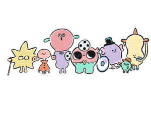 映写機から生まれたキャラクター「ye(b)izoちゃん」と仲間たちのイラスト